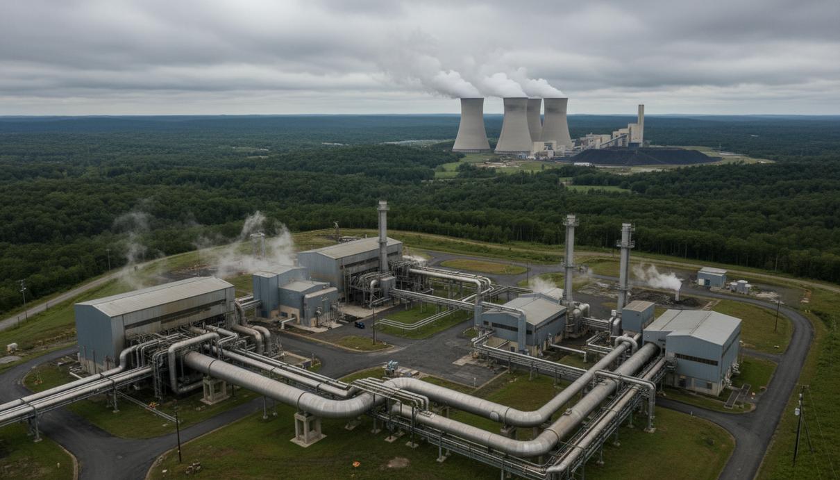 Индустриальный пейзаж с трубопроводами геотермальной станции и угольной ТЭС на горизонте среди холмов