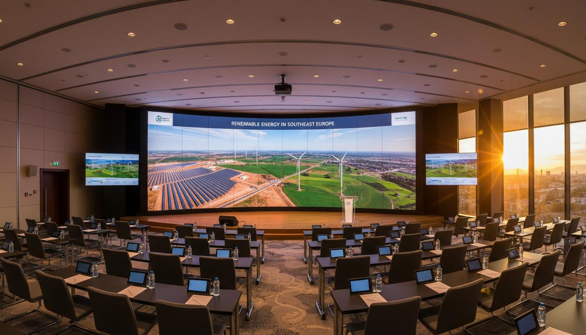 Белградский энергетический форум: развитие регионального рынка инвестиций Интерьер современного конференц-зала с экранами, на которых изображены солнечные панели и ветрогенераторы.