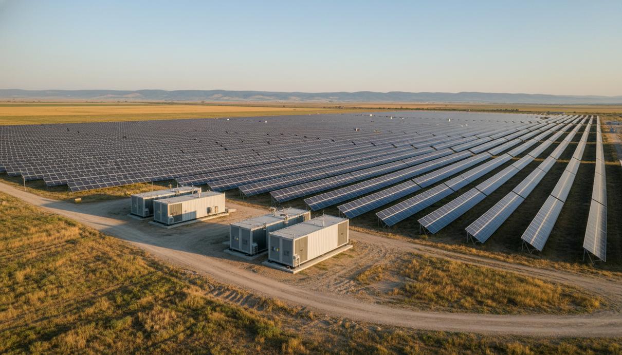 Sany Group инвестирует более 1 млрд евро: в Румынии построят гибридный энергопарк Ряды солнечных панелей и блоки систем накопления энергии на открытой местности в Румынии